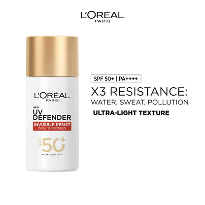 L'Oreal Paris UV Defender sunscreen bottle with gold cap on a white background