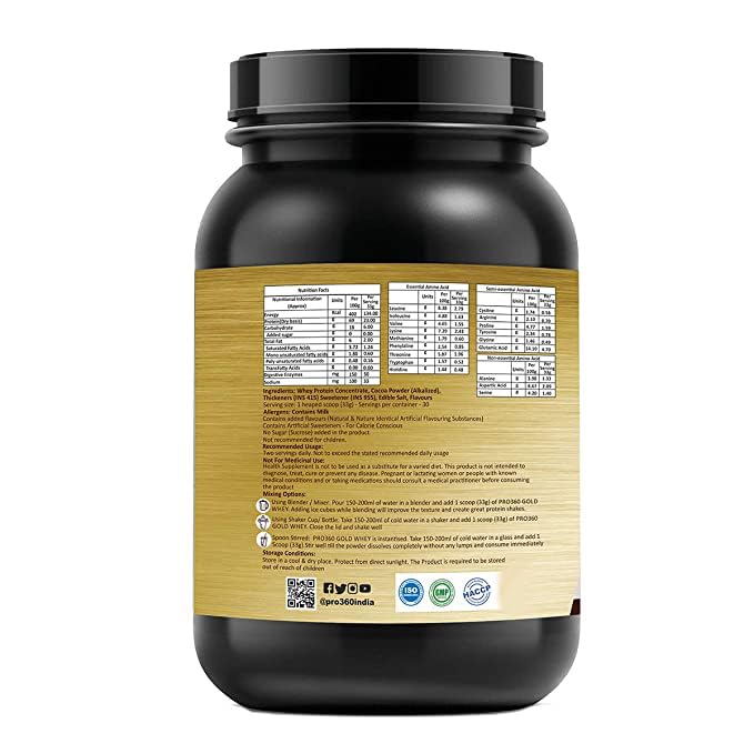 Pro360 Gold Whey Protein Powder - Chocolate | 100% Whey with Digestive Enzymes | 23g Protein, 5.97g BCAA, 4.7g Glutamic Acid per Serving | No Added Sugar | 1kg Pack