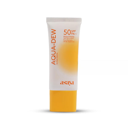 Tube of Asaya Aqua-Dew sunscreen on a white background