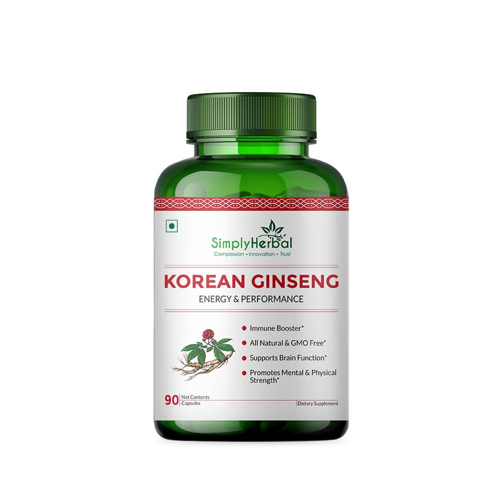 Simply Herbal Korean Red Ginseng 1000mg – 90 Veg Capsules | Energy, Vitality & Stamina Support | Herbal Adaptogen Supplement for Men & Women