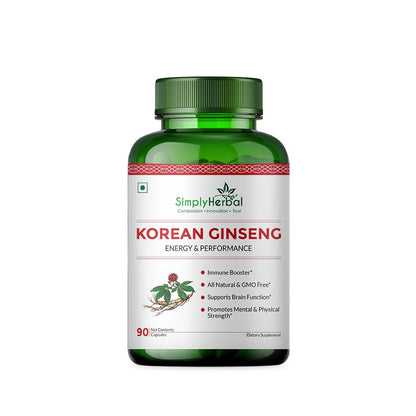 Simply Herbal Korean Red Ginseng 1000mg – 90 Veg Capsules | Energy, Vitality & Stamina Support | Herbal Adaptogen Supplement for Men & Women