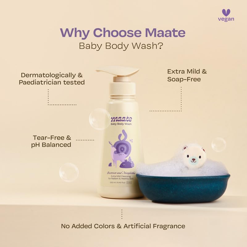 Maate Baby Body Wash | With Ayurvedic Herbs Beetroot, Manjistha & Neem extracts | Body Wash for Dry & Sensitive Skin | Natural & Vegan | Tear-free & pH Balanced | Soap Free (250ml (Pack of 1))