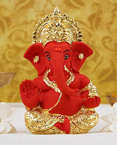 Gold Art India Gold and Silver Plated Gold and Orange Ganesh Idol for Car Dashboard Ganesha Murti Ganpati Idol for Home Decor Puja Lord Ganesh Statue Gift for Office Desk Puja Room Figurine