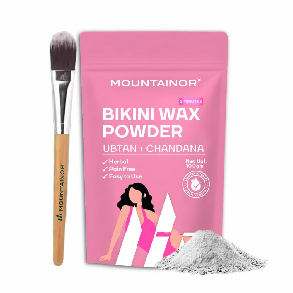 Mountainor bikini wax powder with a brush and some powder on a white background