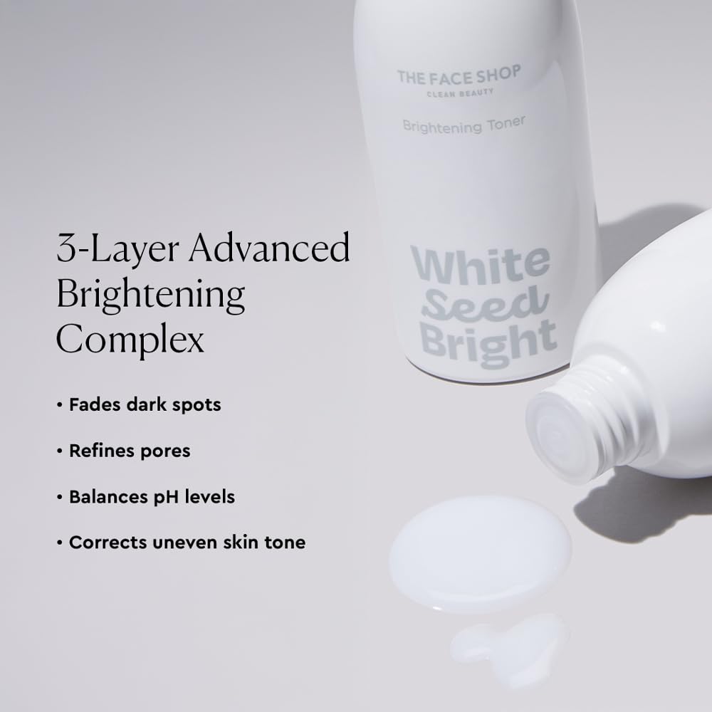 The Face Shop White Seed Bright toner bottle with text highlighting product benefits on a light gray background