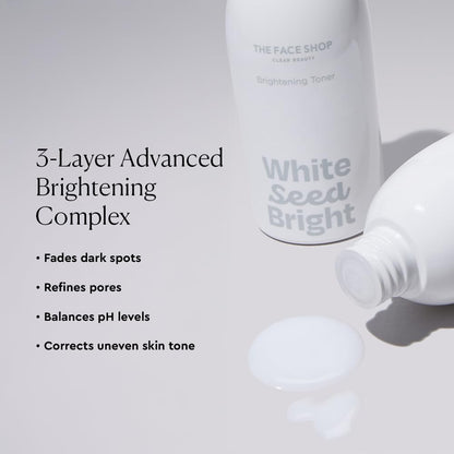 The Face Shop White Seed Bright toner bottle with text highlighting product benefits on a light gray background