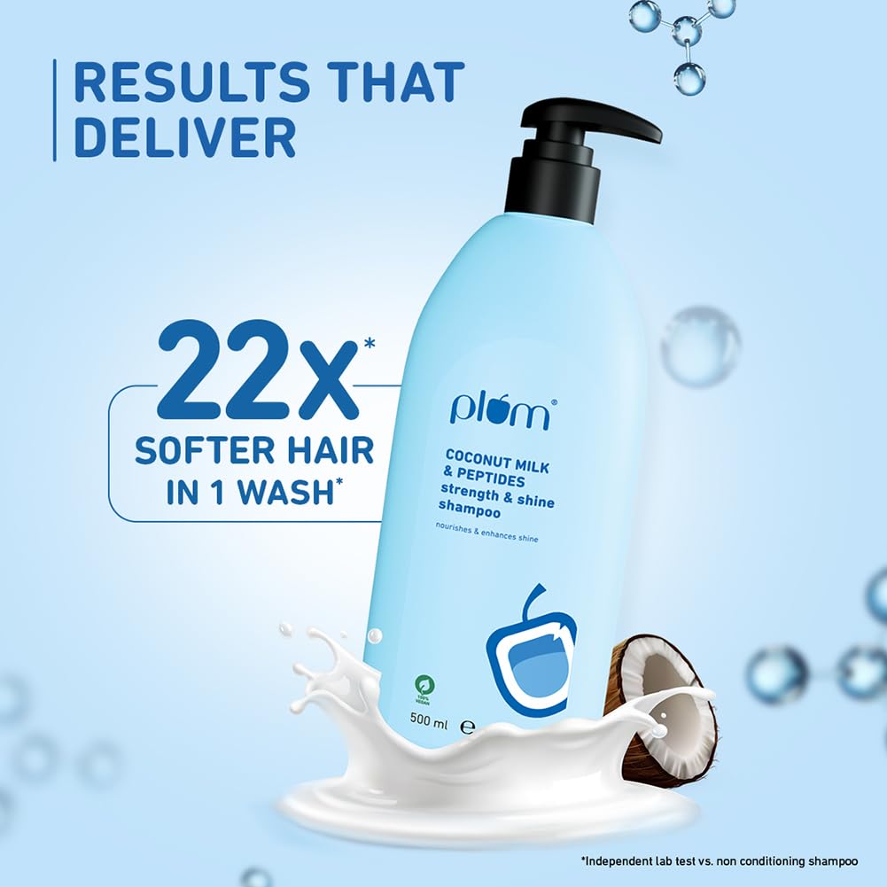 Plum Coconut Milk & Peptides Shampoo for Dry & Frizzy Hair | Provides 22X Shiny & Softer | Paraben-Free | Hair Shampoo for Women & Men | for Straight, Wavy & Rough Hair | pH Balanced | 500ml