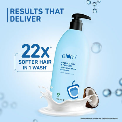 Plum Coconut Milk & Peptides Shampoo for Dry & Frizzy Hair | Provides 22X Shiny & Softer | Paraben-Free | Hair Shampoo for Women & Men | for Straight, Wavy & Rough Hair | pH Balanced | 500ml