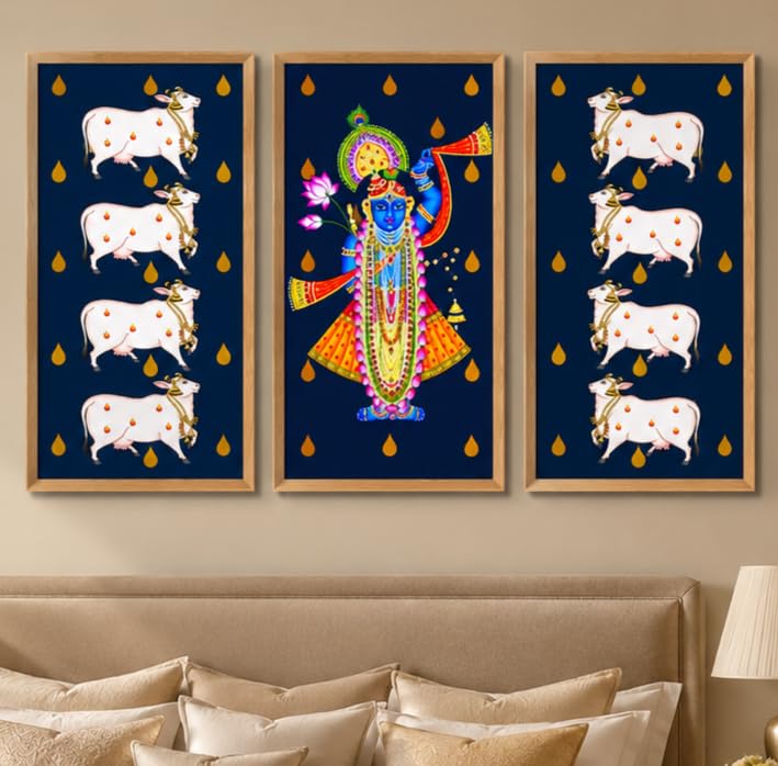 Set of 3 Shrinathji Cow Pichwai Wall Paintings with Sparkle Laminate, Premium Wooden Synthetic Frame, Krishna Religious Art for Living Room Bedroom Temple Decor