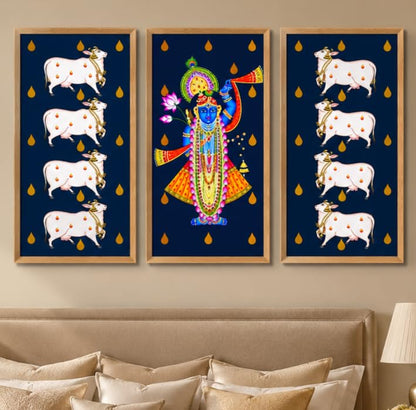 Set of 3 Shrinathji Cow Pichwai Wall Paintings with Sparkle Laminate, Premium Wooden Synthetic Frame, Krishna Religious Art for Living Room Bedroom Temple Decor
