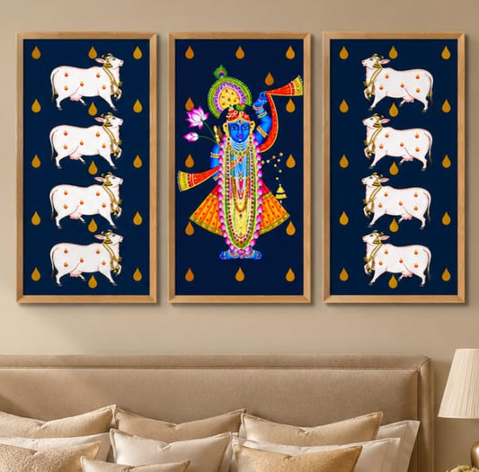 Set of 3 Shrinathji Cow Pichwai Wall Paintings with Sparkle Laminate, Premium Wooden Synthetic Frame, Krishna Religious Art for Living Room Bedroom Temple Decor