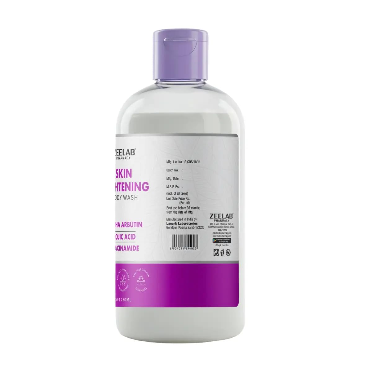 Bottle of Zeelab skin lightening body wash on a white background