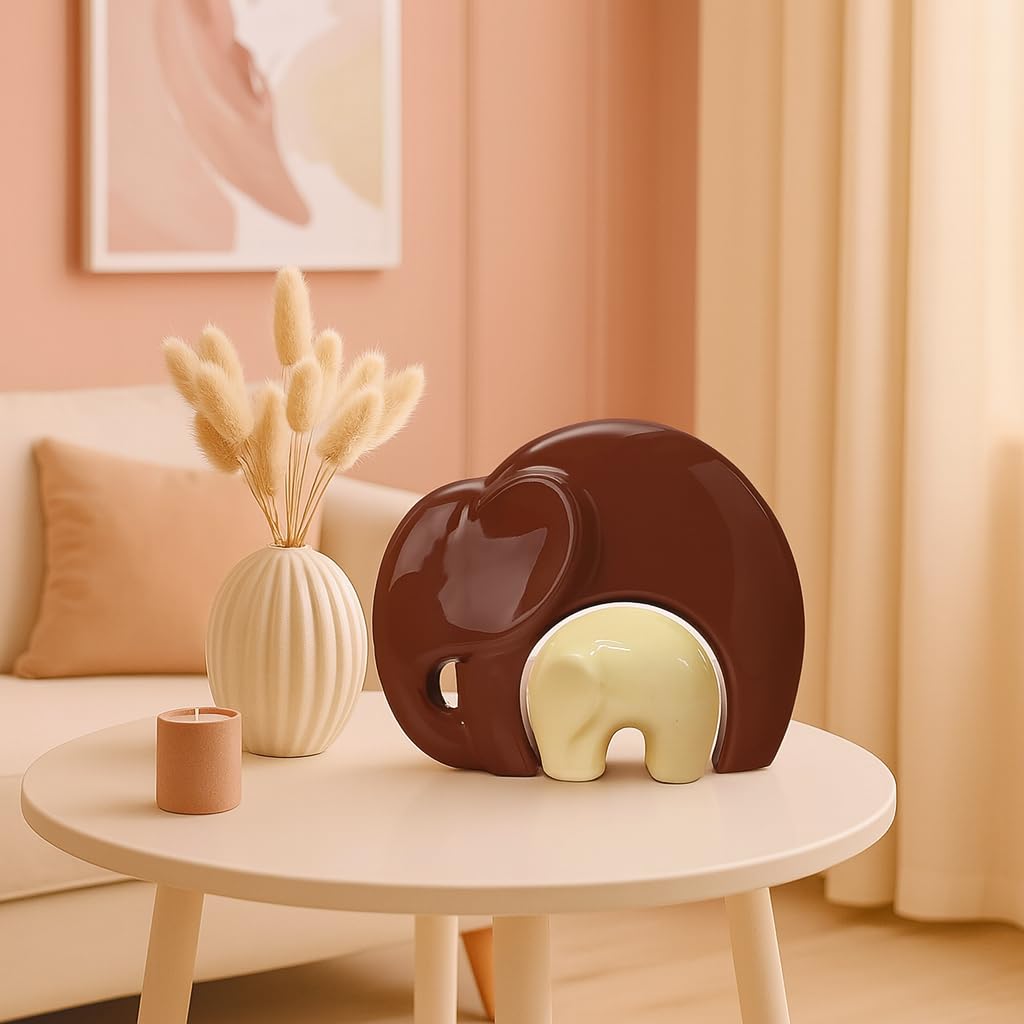 Home Décor Lucky Charm Elephant Mother & Child | Piano Finish Ceramic Figures - (Set of 2 Piece, Brown and Cream)