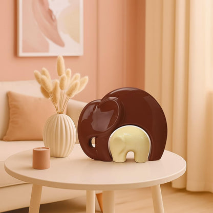 Home Décor Lucky Charm Elephant Mother & Child | Piano Finish Ceramic Figures - (Set of 2 Piece, Brown and Cream)