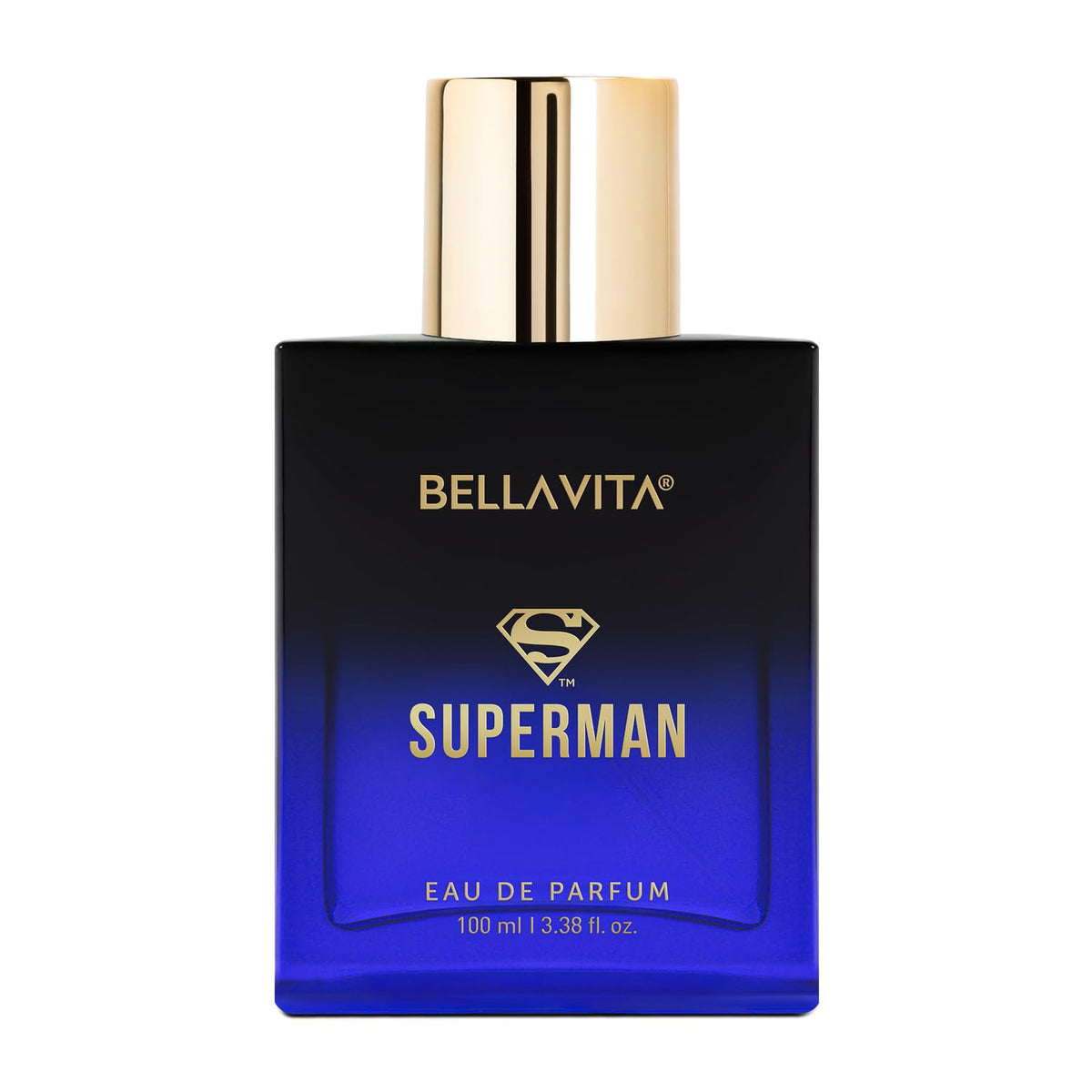Bellavita Superman Eau de Parfum bottle with black and blue design on a white background