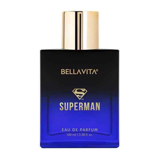 Bellavita Superman Eau de Parfum bottle with black and blue design on a white background
