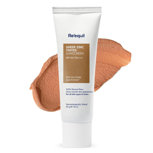 Tube of Re'equil sheer zinc tinted sunscreen with a swatch on a white background