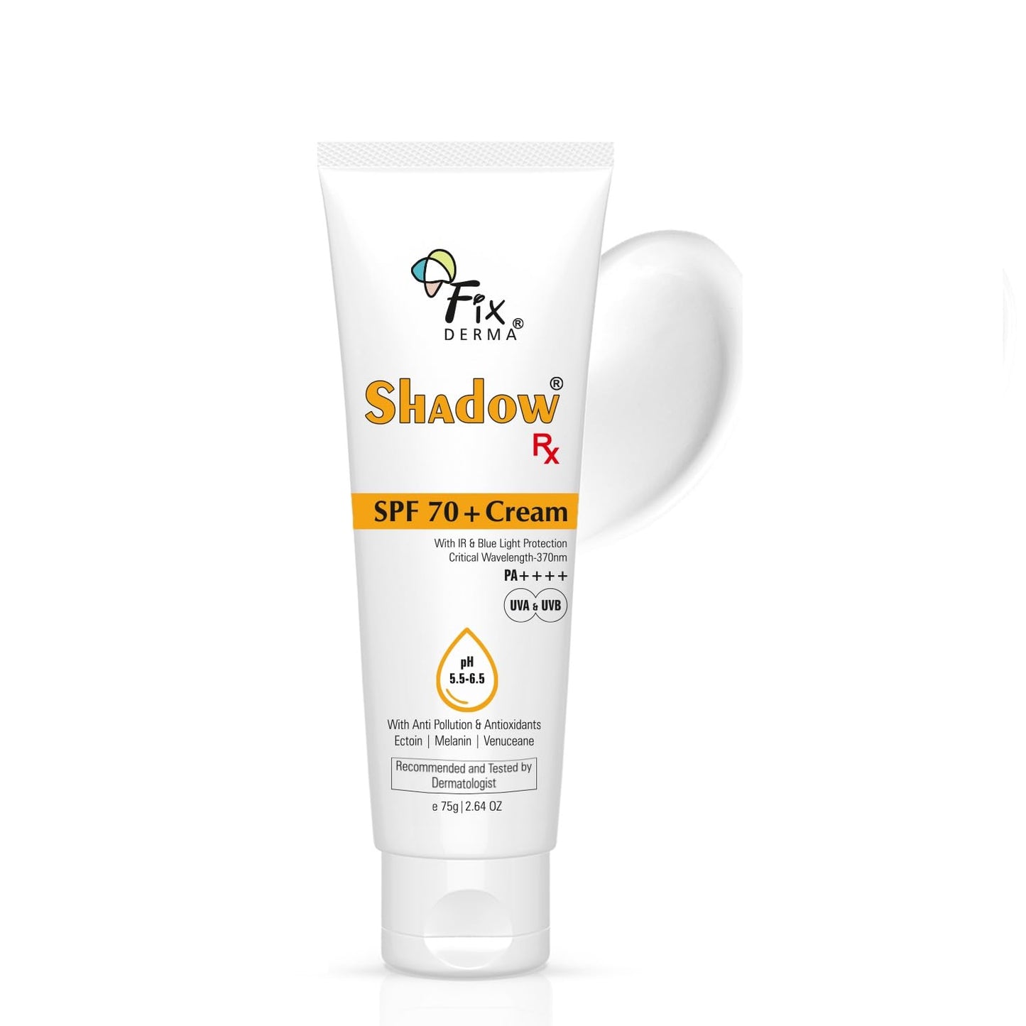 Fixderma Shadow Sunscreen SPF 70+ Cream PA++++ | Sunscreen for Dry Skin | Sunblock SPF 70 | Hybrid with UVA & UVB Filters, Antioxidants, IR Protection and Blue Light Protection - 75gm