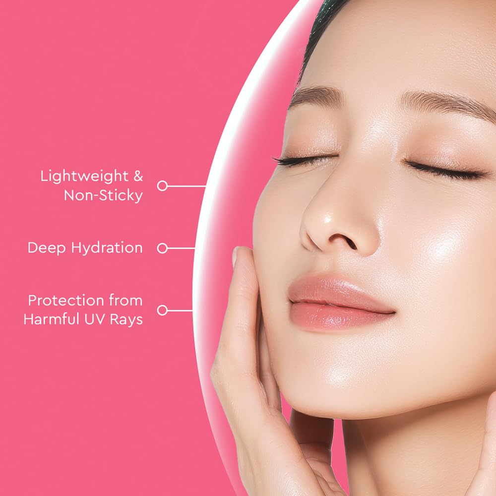 Woman's face with skincare benefits on a pink background