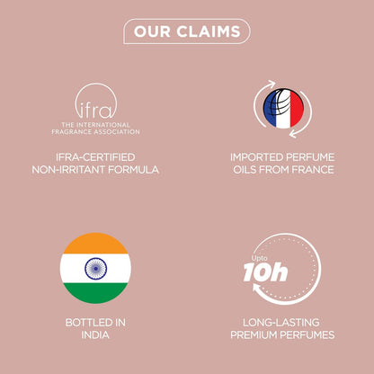 List of product claims with icons and text on a beige background