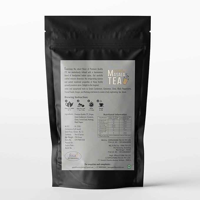 Chaidhara Masala Chai | Premium Spiced Tea with 100% Natural Ingredients | Strong Flavour & Aroma | 250 grams Standup Pouch | Mktd by Gopaldhara