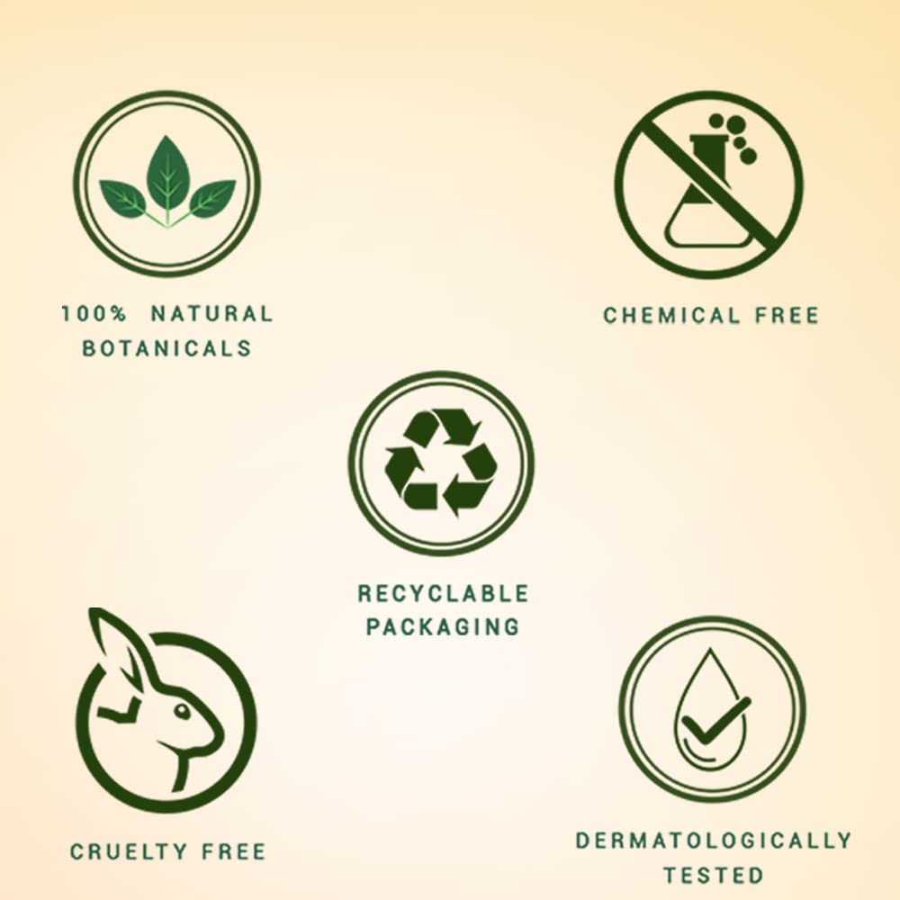 Set of green icons representing natural, chemical-free, recyclable packaging, cruelty-free, and dermatologically tested products on a beige background.