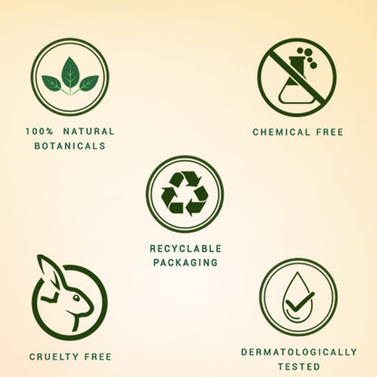 Set of green icons representing natural, chemical-free, recyclable packaging, cruelty-free, and dermatologically tested products on a beige background.
