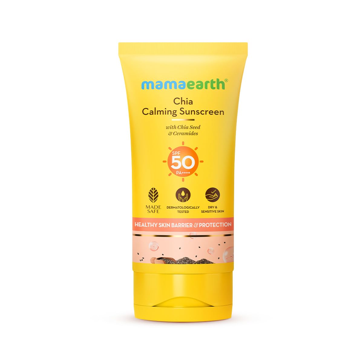 Mamaearth Chia Calming Sunscreen with Chia Seed & Ceramides for Hydrated Glow & Sun Protection | SPF 50 PA++++ | Co-Created With Top Dermats | For Dry to Normal, Sensitive Skin | Healthy Skin Barrier | In-Vivo tested | 50 g