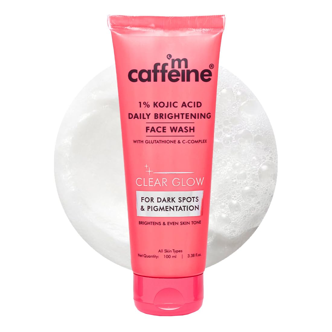 Pink tube of caffeine 1% Kojic Acid Daily Brightening Face Wash on a white background