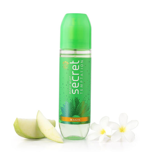 Green deodorant spray bottle with apple slices and a flower on a white background