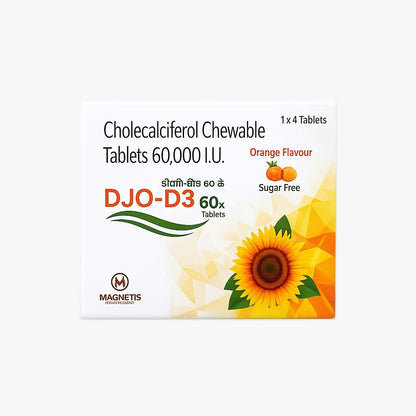 DJO-D3 60k Vitamin D3 Chewable Tablets | Cholecalciferol 60000 IU | Sugar Free Orange Flavour | Vitamin D3 Supplement for Men and Women | 4 Tablets