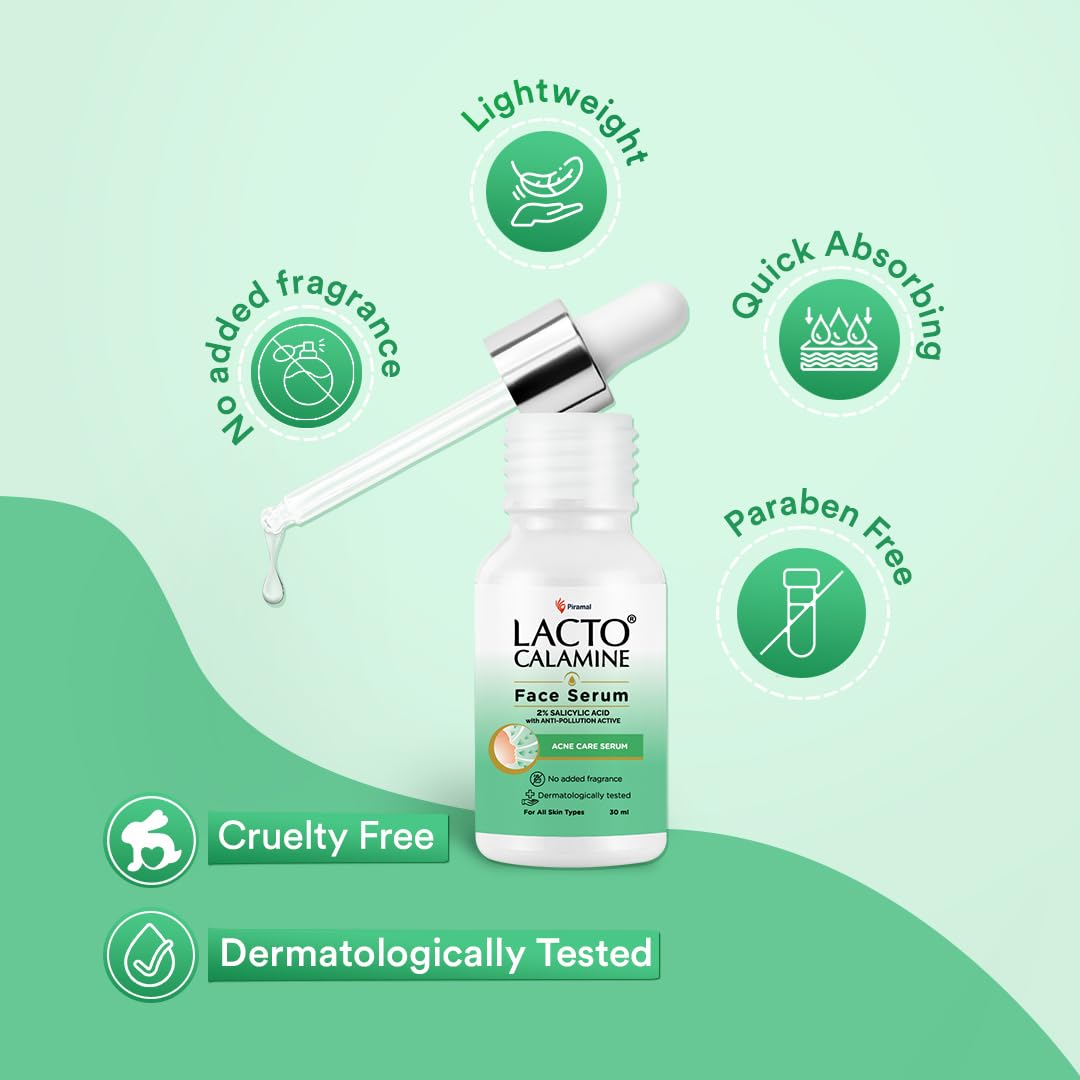 Lacto Calamine 2% Salicylic Acid Face Serum | 30ml | Face Serum For Acne, Blackheads, Oil control, Open Pores & Clear Skin | Dermatologically Tested & Fragrance Free
