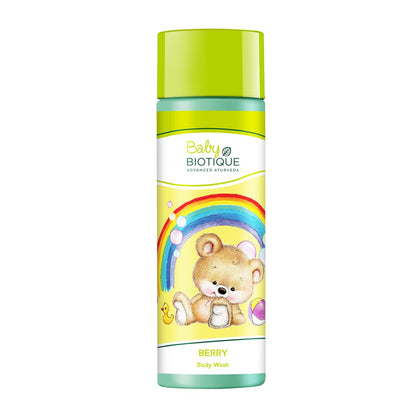 Biotique Baby Berry Body Wash bottle with colorful design on a white background