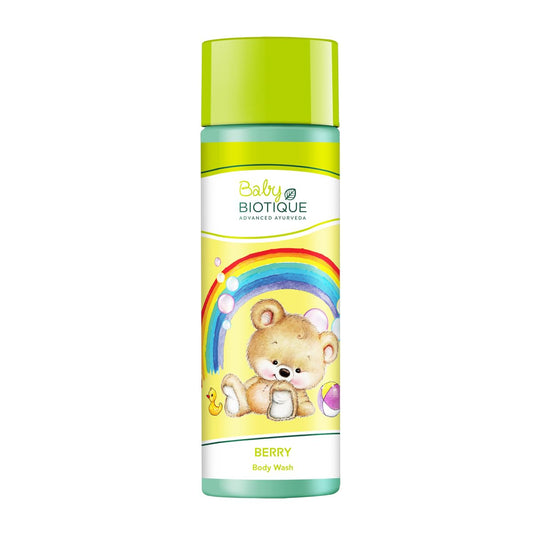 Biotique Baby Berry Body Wash bottle with colorful design on a white background