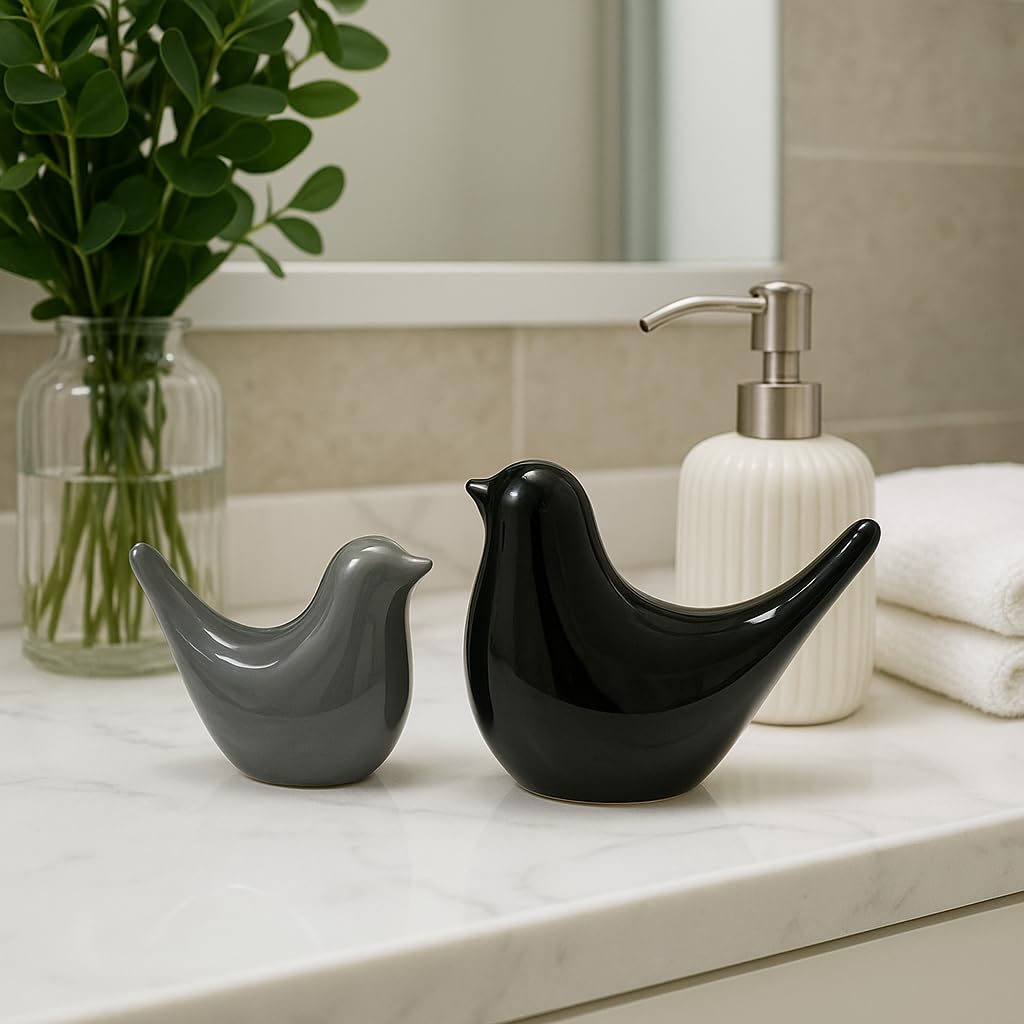 Creative Black and Grey Glossy Ceramic Birds Figurines Home Decorations Accessories Party (Pack of 2, Black and Grey)