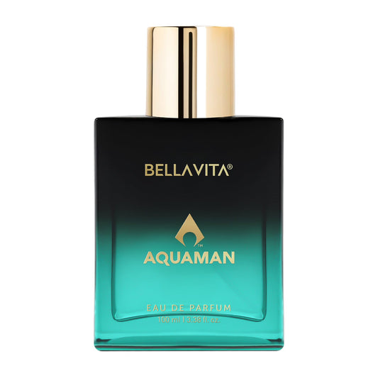 Bellavita Aquaman Eau de Parfum bottle with gradient design and gold cap on white background