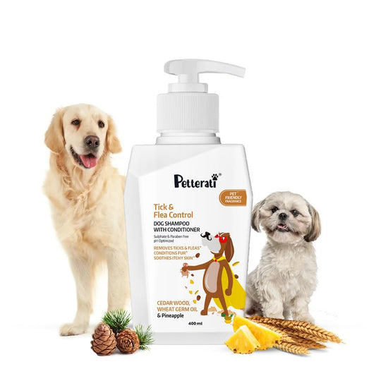 Petterati Tick & Flea Dog Shampoo (400ml) Removes Ticks, Soothes & Conditions - Sulphate & Paraben Free - for Golden Retriever, Labrador, Shih Tzu, German Shepherd