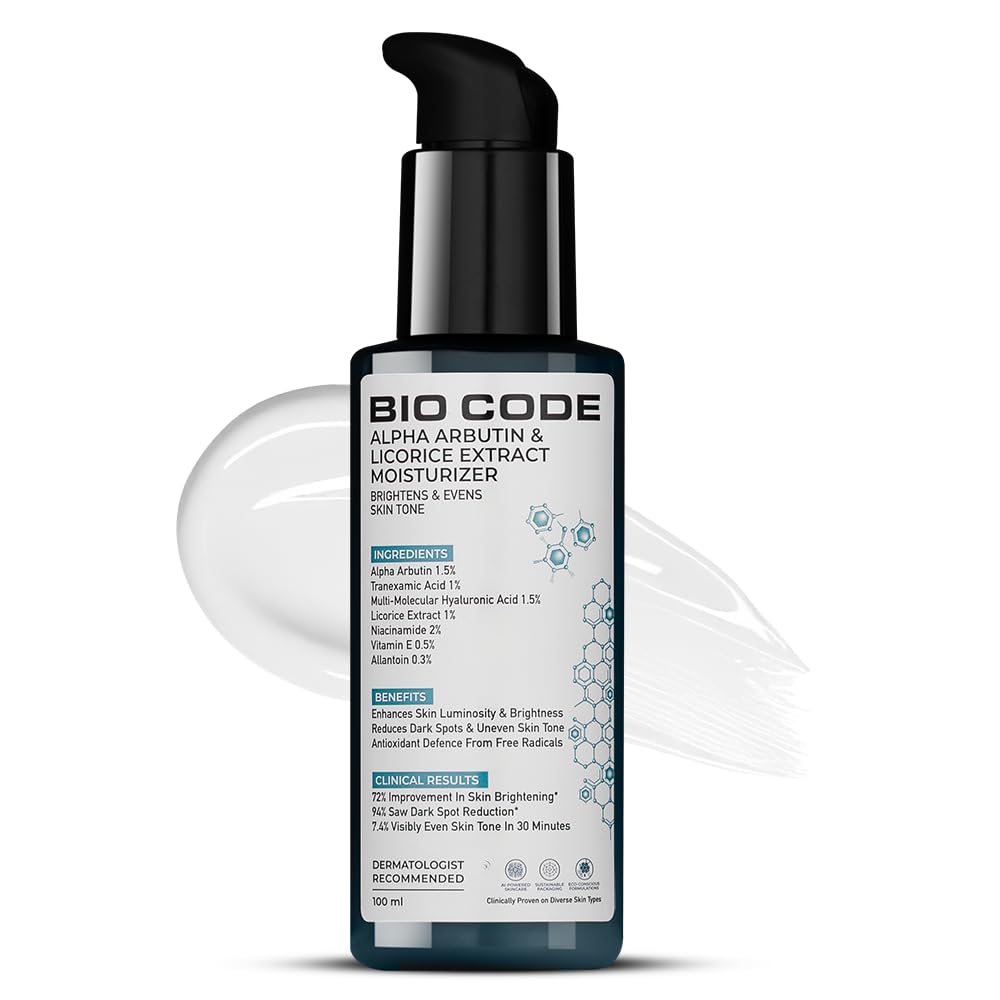 BIO CODE Alpha Arbutin & Licorice Extract Moisturizer bottle on a white background