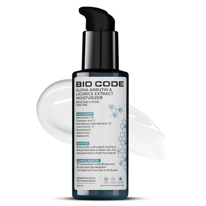 BIO CODE Alpha Arbutin & Licorice Extract Moisturizer bottle on a white background