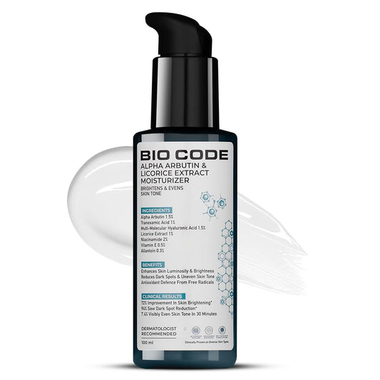BIO CODE Alpha Arbutin & Licorice Extract Moisturizer bottle on a white background
