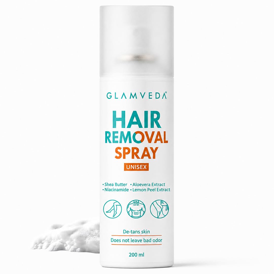 Glamveda Hair Removal Spray with Aloe Vera Extract | Painless Body Hair Remover for Men & Women | Helps Leave Skin Soft & Smooth | Suitable for Chest, Arms, Legs & Underarms | 200 ml