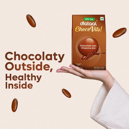 Diataal ChocoVits Veg, Chewable Multivitamin | 30 Chocolaty Tabs with 11 Essential Vitamins | Power of B-complex vitamins, B12, D3, Nicotinamide, Vitamin A, C & E for Energy | Immunity | Healthy Skin.