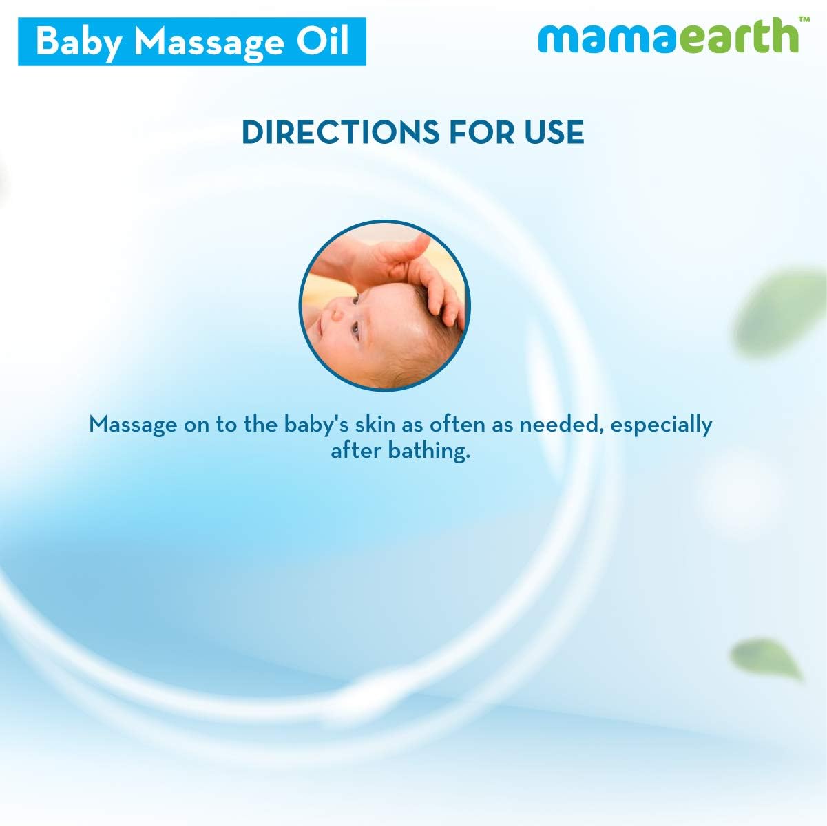 Baby massage oil directions with a baby being massaged, branded as Mamaearth.