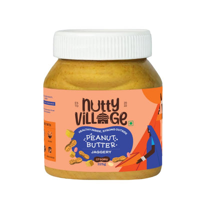 Nutty Village Jaggery Peanut Butter Creamy with 25g Protein - Healthy Snack for Breakfast spread - No Palm Oil - Vegan and Gluten free - No Cholestrol - 325g Peanut Butter
