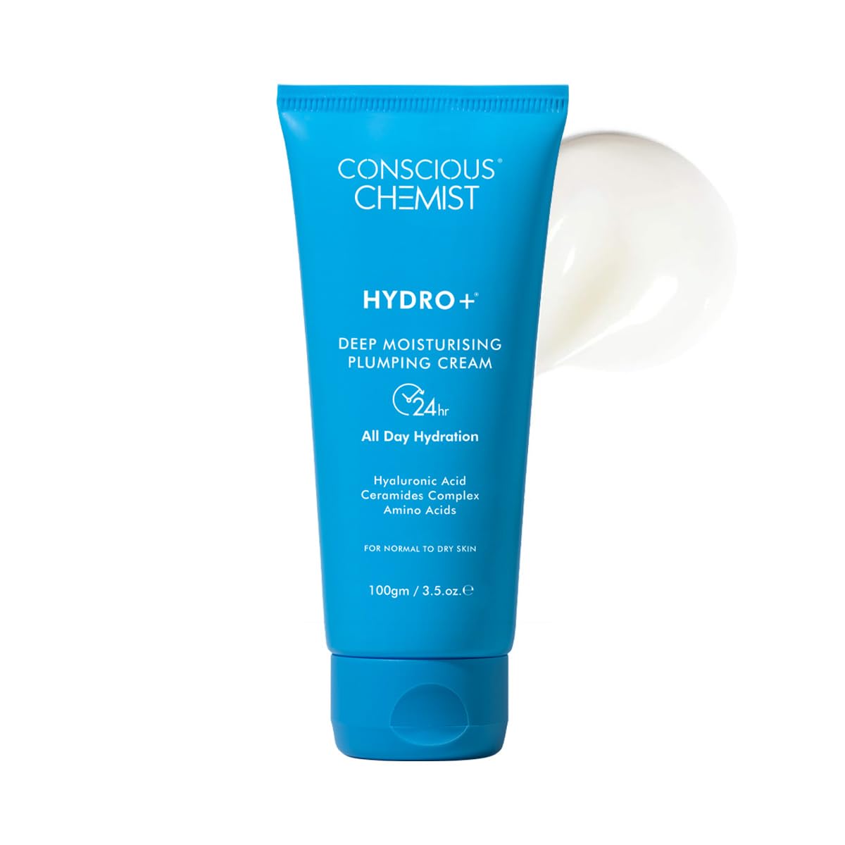 Blue tube of Conscious Chemist Hydro+ Deep Moisturising Plumping Cream on a white background