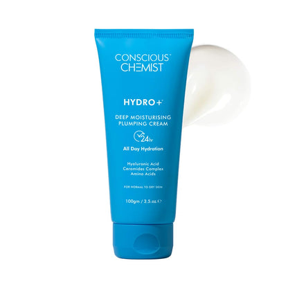 Blue tube of Conscious Chemist Hydro+ Deep Moisturising Plumping Cream on a white background