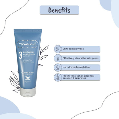 Teenilicious Acne Face Gel With 2% Salicylic Acid & Tea Tree Oil | Acne Face Gel For Men & Women | Face Gel For Blackheads & Whiteheads | For Oily Skin To Clear Skin Pores - 30gm