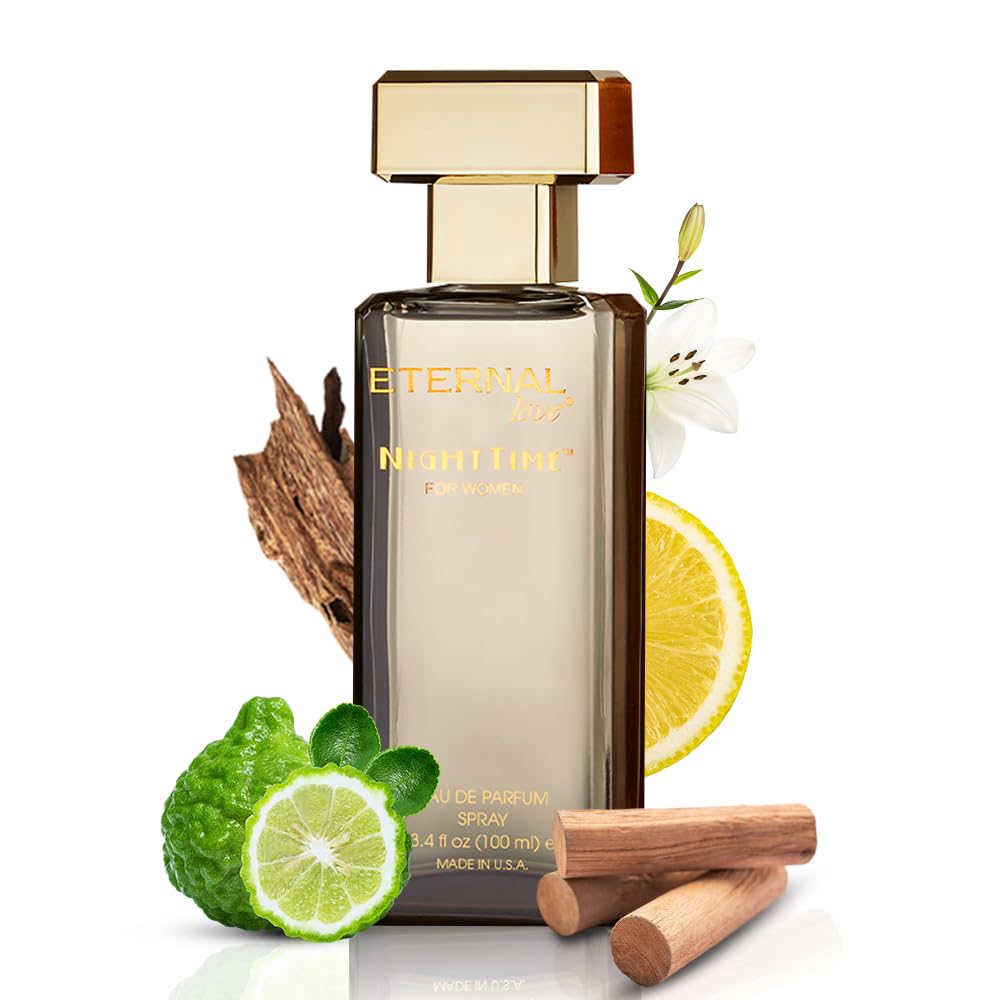 Perfume bottle labeled 'Eternal Love Night Time' with lemon, lime, and cinnamon on a white background