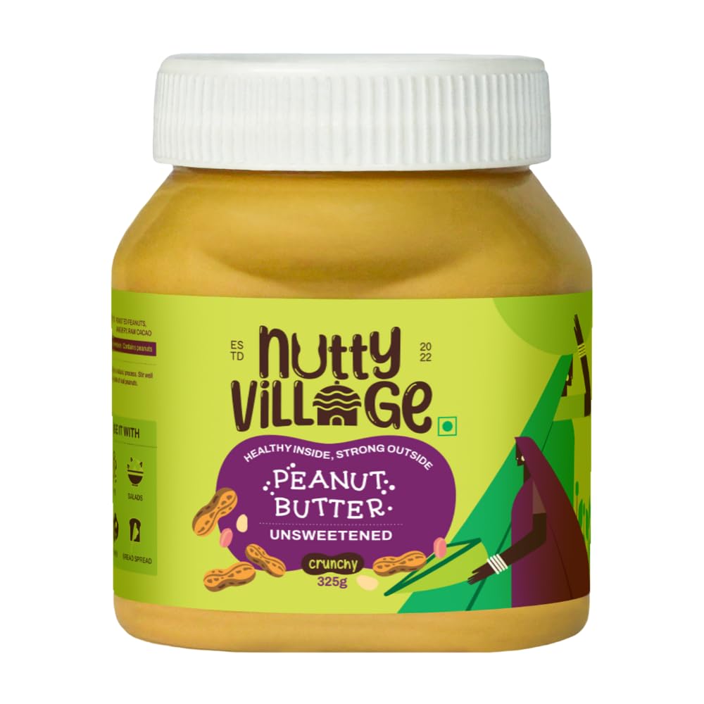 Nutty Village Natural Unsweetened Peanut Butter Crunchy with 31.08g Protein - No Added Sugar and Salt - No Palm Oil - Vegan and Gluten free - 325g Peanut Butter