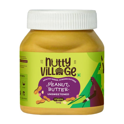 Nutty Village Natural Unsweetened Peanut Butter Crunchy with 31.08g Protein - No Added Sugar and Salt - No Palm Oil - Vegan and Gluten free - 325g Peanut Butter